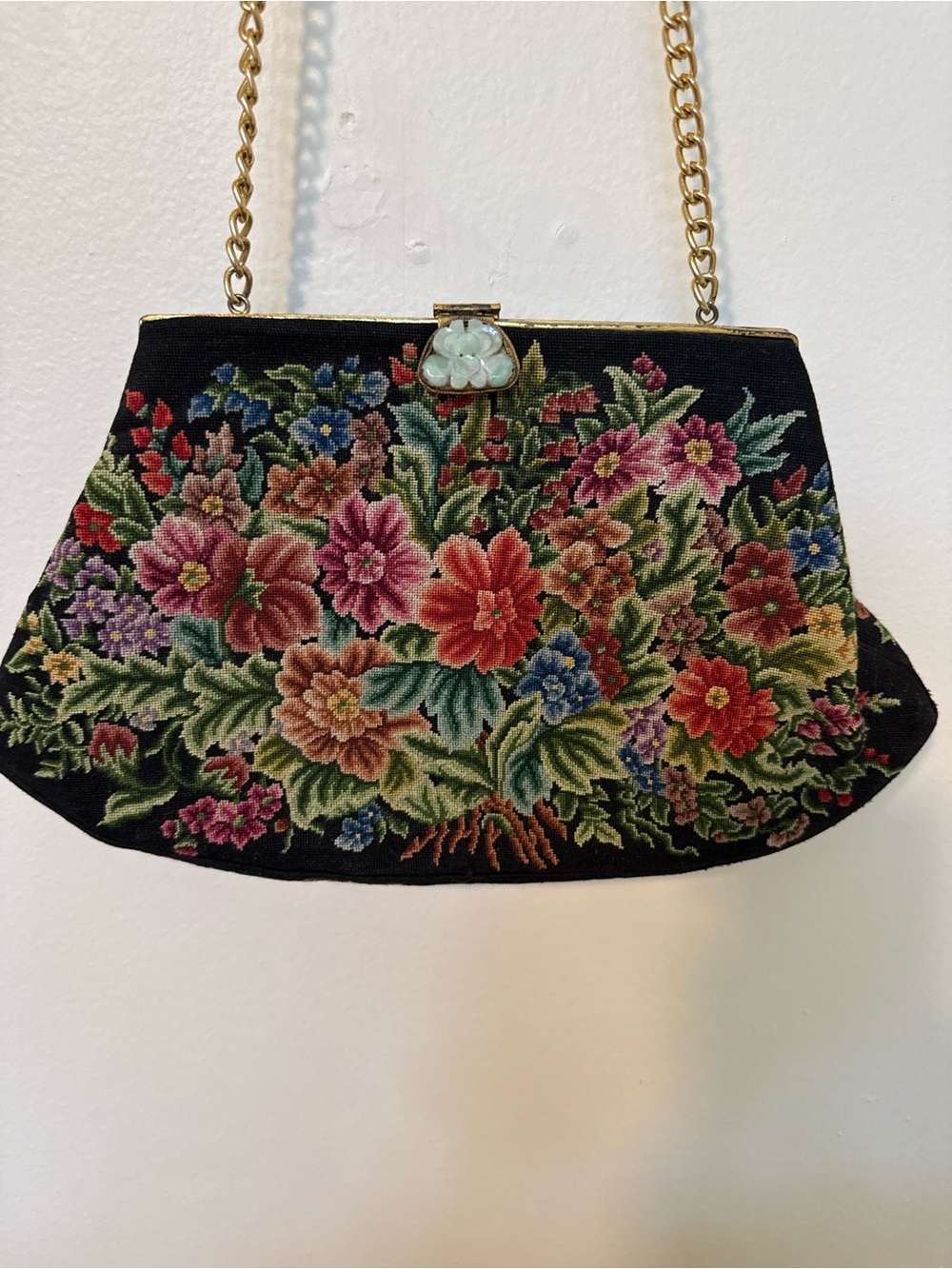 Vintage Floral Embroidered Petit Point Tapestry Purse with Floral Jade Clasp.